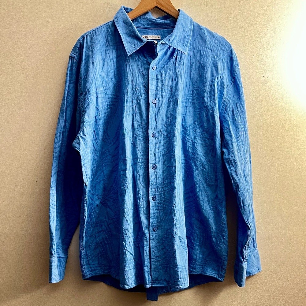 Zara Men Relaxed Long Sleeve Blue tropical Leaf Jacquard Cotton Button Up Shirt